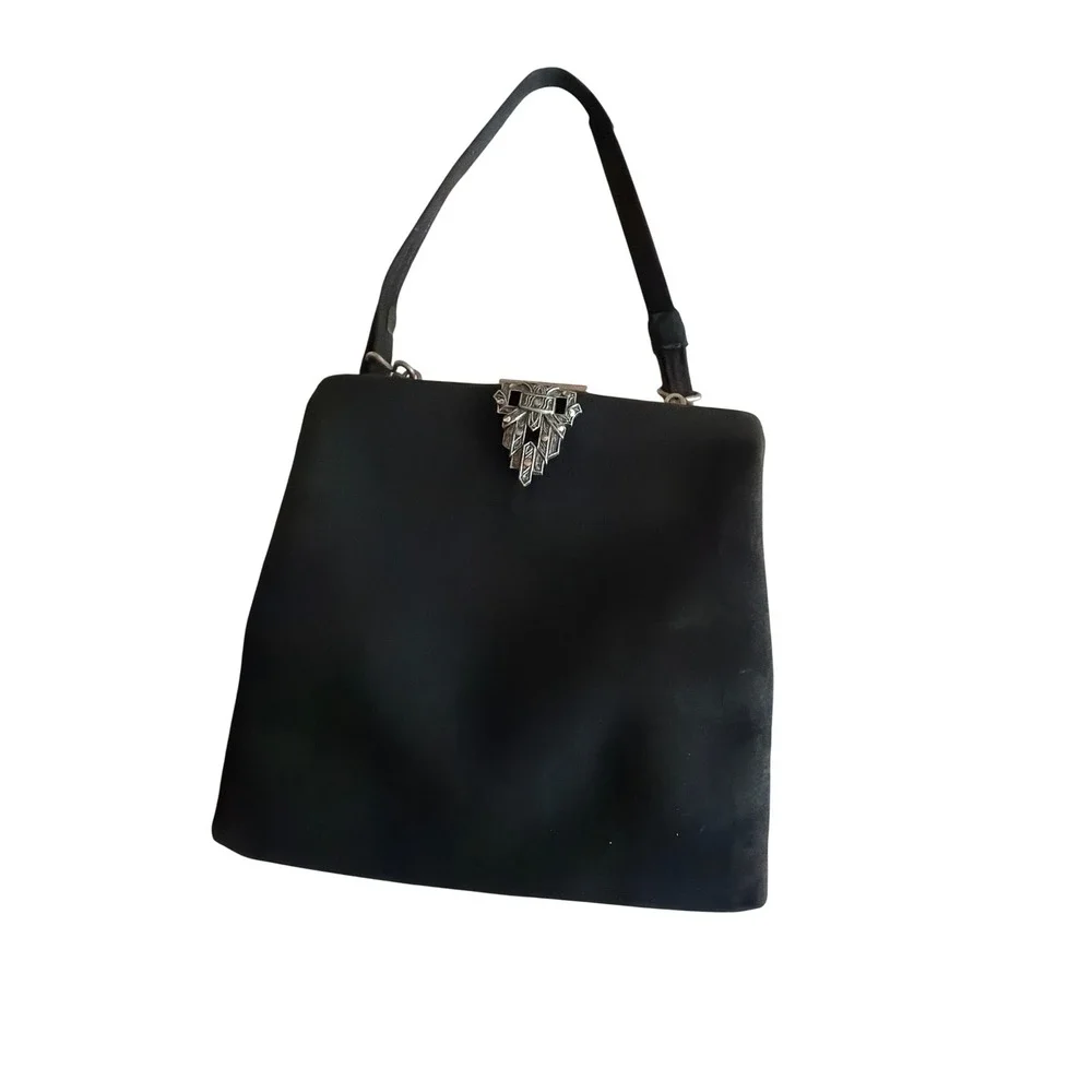 Vintage Handbag Black Art Deco Clasp Top Handle Evening Bag Kiss Lock‎ Pouch